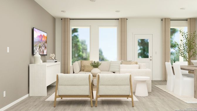 Dining room, Interior, Living room, Recessed Lighting, Wood Texture Flooring