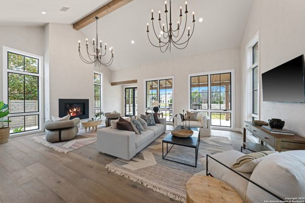 Chandelier, Fireplace, Interior, Living room, Recessed Lighting, Wooden Beams, Wood Texture Flooring