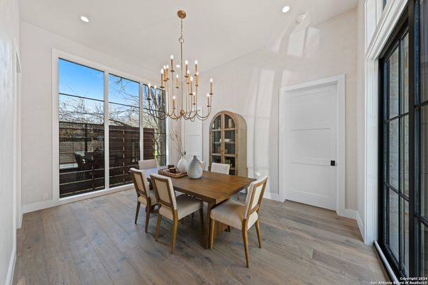 Dining room, Interior, Pendant Lights, Recessed Lighting, Wood Texture Flooring