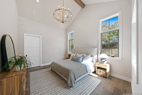 Bedroom, Chandelier, Interior, Recessed Lighting, Wooden Beams, Wood Texture Flooring