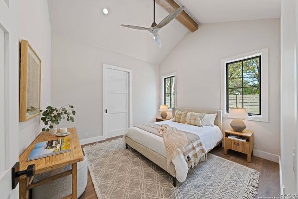 Bedroom, Interior, Recessed Lighting, Wooden Beams, Wood Texture Flooring