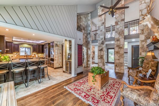 Interior, Kitchen, Recessed Lighting, Stone Walls, Wood Texture Flooring