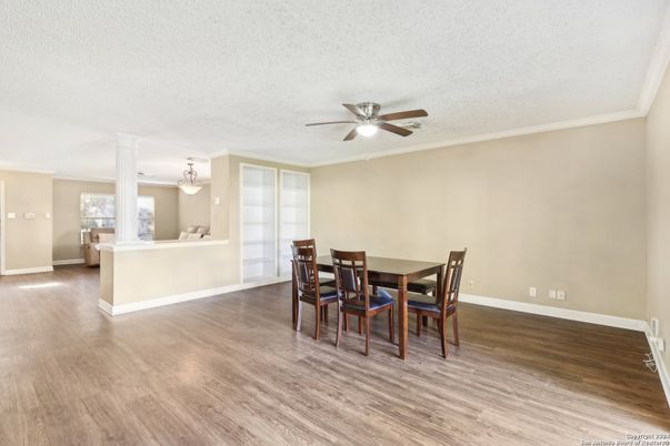 Chandelier, Dining room, Interior, Wood Texture Flooring