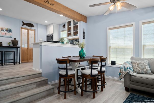 Dining room, Interior, Kitchen, Recessed Lighting, Wooden Beams, Wood Texture Flooring