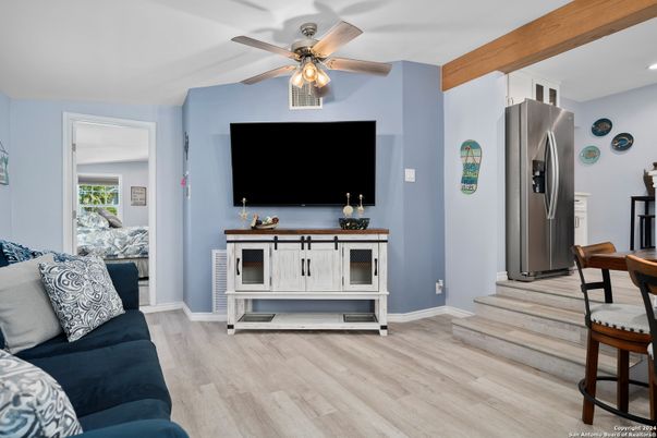 Interior, Living room, Recessed Lighting, Stainless Steel Appliances, Wood Texture Flooring