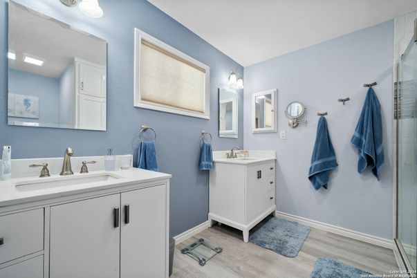 Bathroom, Dual Sink Vanities, Glass Shower, Interior, Wood Texture Flooring