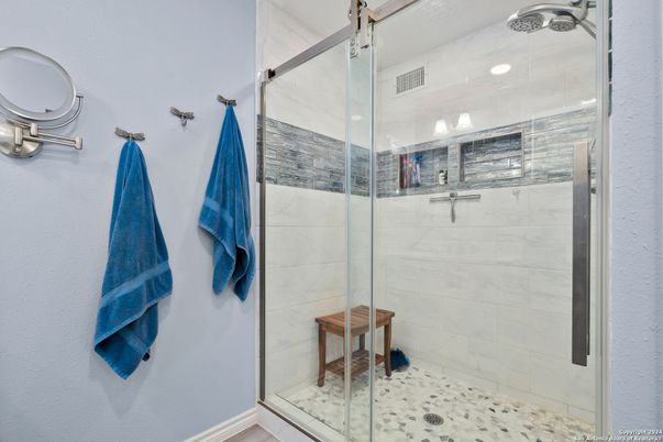 Bathroom, Glass Shower, Interior, Marble Walls, Recessed Lighting