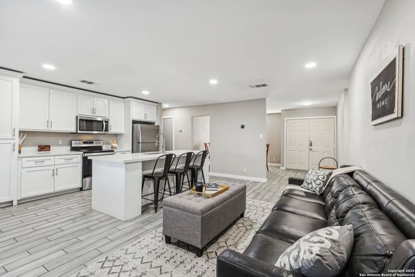 Interior, Kitchen, Living room, Recessed Lighting, Stainless Steel Appliances, Wood Texture Flooring
