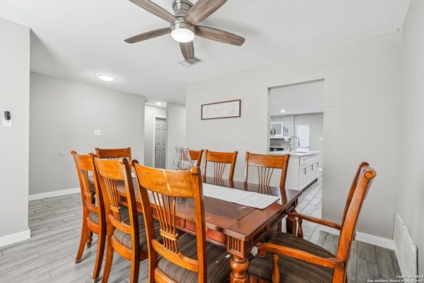 Dining room, Interior, Kitchen, Recessed Lighting, Wood Texture Flooring