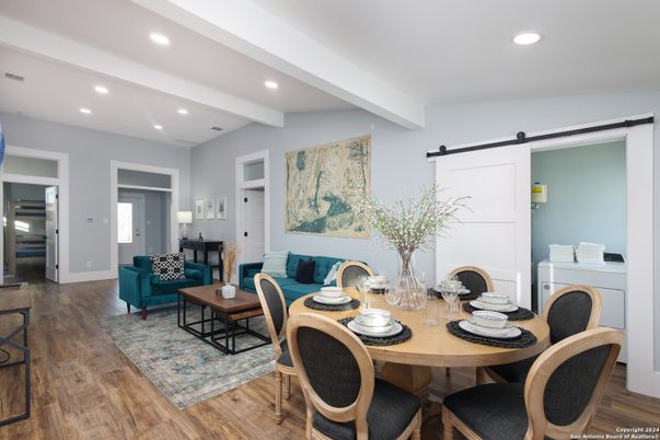 Dining room, Interior, Living room, Recessed Lighting, Wood Texture Flooring