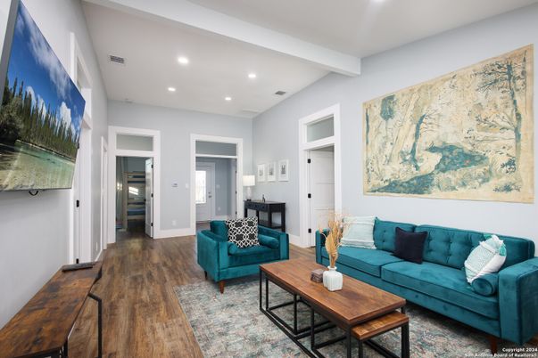 Interior, Living room, Recessed Lighting, Wood Texture Flooring