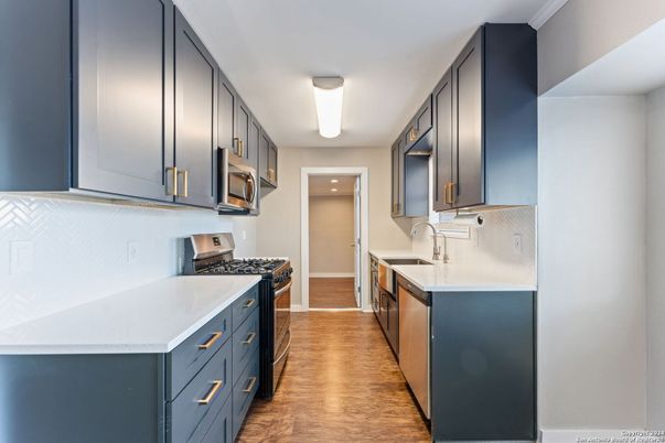 Interior, Kitchen, Stainless Steel Appliances, Wood Texture Flooring