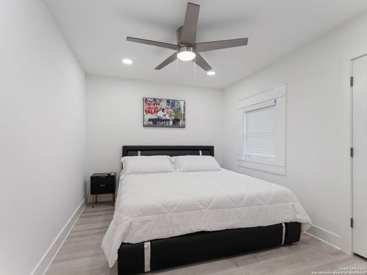 Bedroom, Interior, Recessed Lighting, Wood Texture Flooring
