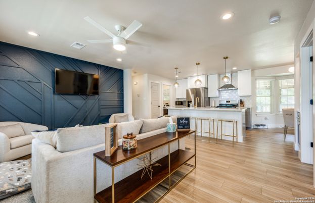 Interior, Kitchen, Living room, Pendant Lights, Recessed Lighting, Stainless Steel Appliances, Wood Texture Flooring