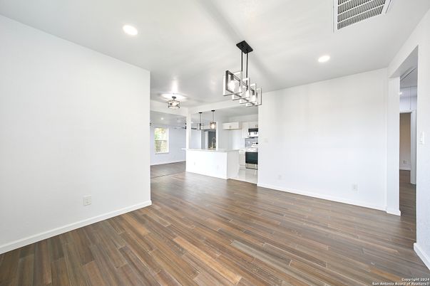 Empty room, Interior, Kitchen, Pendant Lights, Recessed Lighting, Wood Texture Flooring