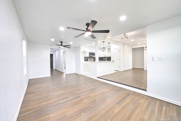 Empty room, Interior, Kitchen, Recessed Lighting, Wood Texture Flooring