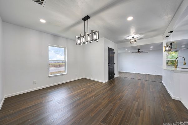 Empty room, Interior, Pendant Lights, Recessed Lighting, Wood Texture Flooring