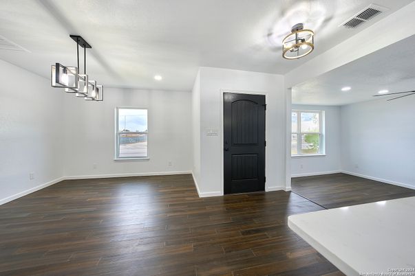 Empty room, Interior, Pendant Lights, Recessed Lighting, Wood Texture Flooring