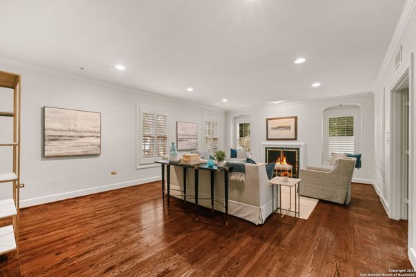 Fireplace, Interior, Living room, Recessed Lighting, Wood Texture Flooring