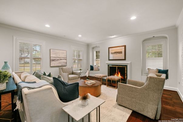 Fireplace, Interior, Living room, Recessed Lighting, Wood Texture Flooring