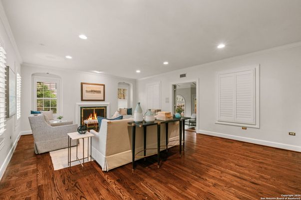 Fireplace, Interior, Living room, Recessed Lighting, Wood Texture Flooring