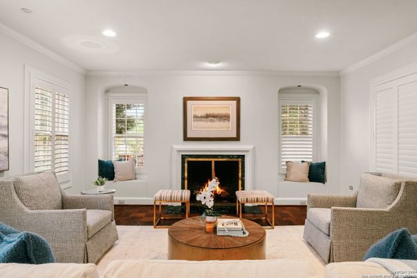 Fireplace, Interior, Living room, Recessed Lighting, Wood Texture Flooring