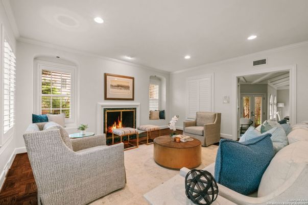 Fireplace, Interior, Living room, Recessed Lighting, Wood Texture Flooring