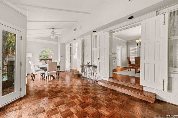 Chandelier, Dining room, Interior, Wood Texture Flooring