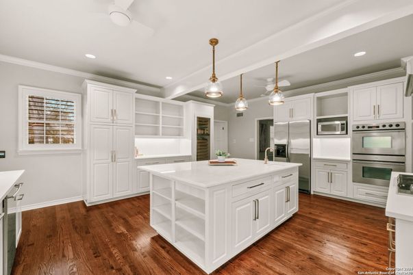 Interior, Kitchen, Pendant Lights, Recessed Lighting, Stainless Steel Appliances, Wood Texture Flooring