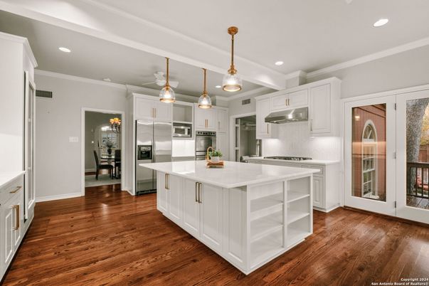 Interior, Kitchen, Pendant Lights, Recessed Lighting, Stainless Steel Appliances, Wood Texture Flooring