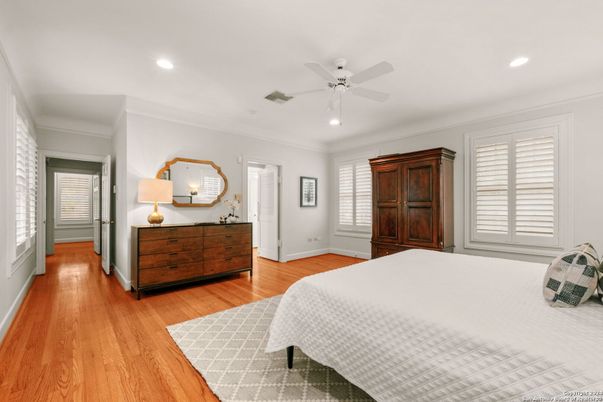 Bedroom, Interior, Recessed Lighting, Wood Texture Flooring