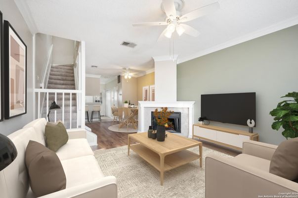 Dining room, Fireplace, Interior, Living room, Wood Texture Flooring