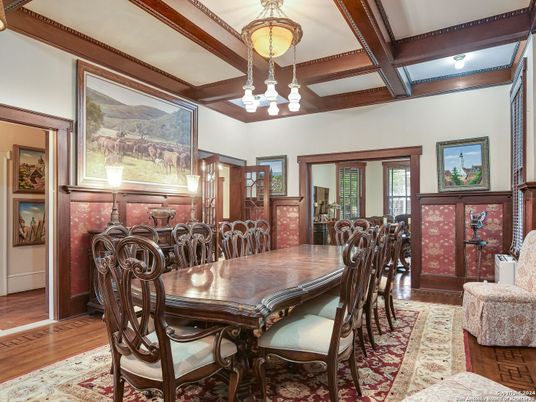 Chandelier, Dining room, Interior, Wooden Beams, Wood Texture Flooring