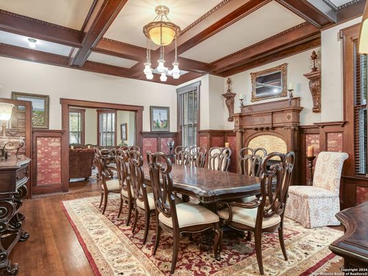 Chandelier, Dining room, Interior, Wooden Beams, Wood Texture Flooring