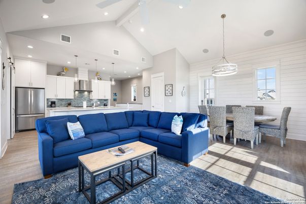 Dining room, Interior, Kitchen, Living room, Pendant Lights, Recessed Lighting, Stainless Steel Appliances, Wood Texture Flooring