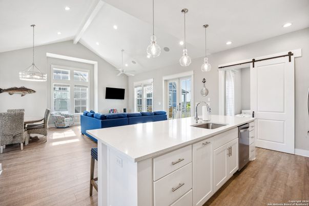 Interior, Kitchen, Living room, Pendant Lights, Recessed Lighting, Wood Texture Flooring