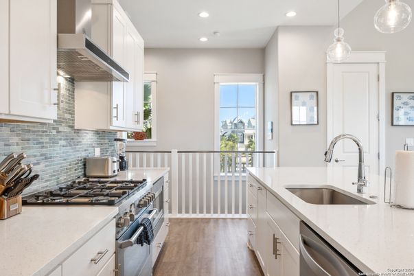 Interior, Kitchen, Pendant Lights, Recessed Lighting, Stainless Steel Appliances, Wood Texture Flooring