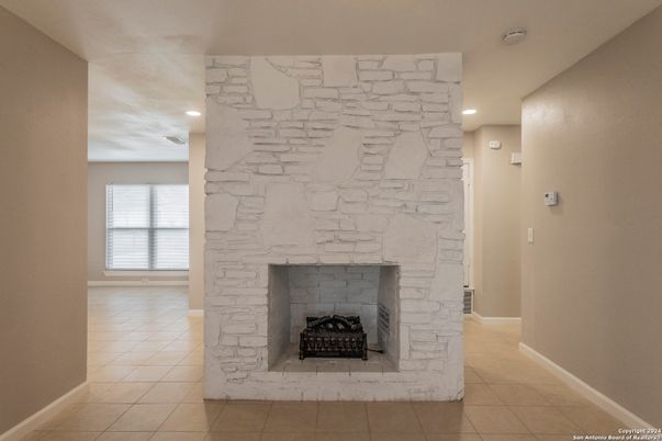 Fireplace, Interior, Recessed Lighting, Stone Walls