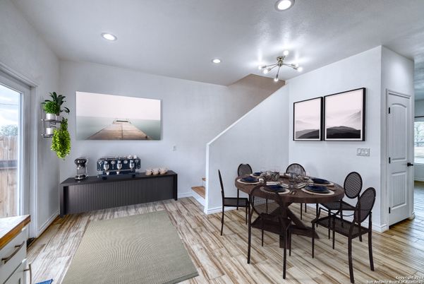 Dining room, Interior, Recessed Lighting, Wood Texture Flooring