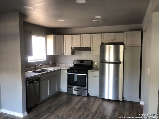 Interior, Kitchen, Recessed Lighting, Stainless Steel Appliances, Wood Texture Flooring