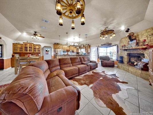 Dining room, Fireplace, Interior, Kitchen, Living room, Pendant Lights, Stone Walls