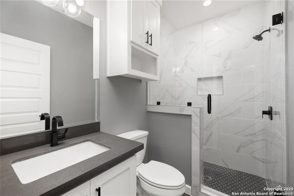 Bathroom, Glass Shower, Interior, Marble Walls, Recessed Lighting