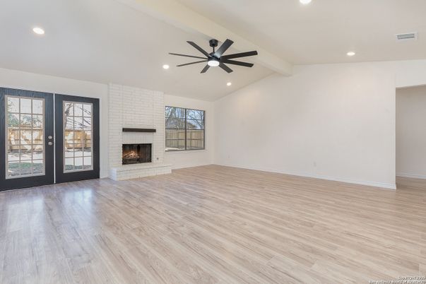 Empty room, Fireplace, Interior, Recessed Lighting, Wood Texture Flooring
