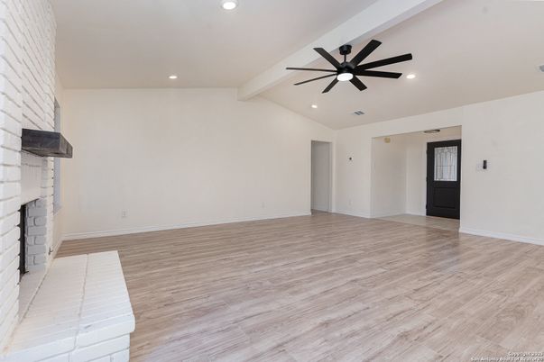 Empty room, Fireplace, Interior, Recessed Lighting, Wood Texture Flooring