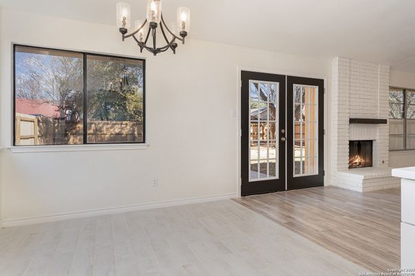 Chandelier, Empty room, Fireplace, Interior, Wood Texture Flooring