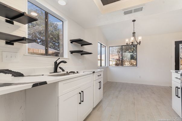 Interior, Kitchen, Pendant Lights, Wood Texture Flooring