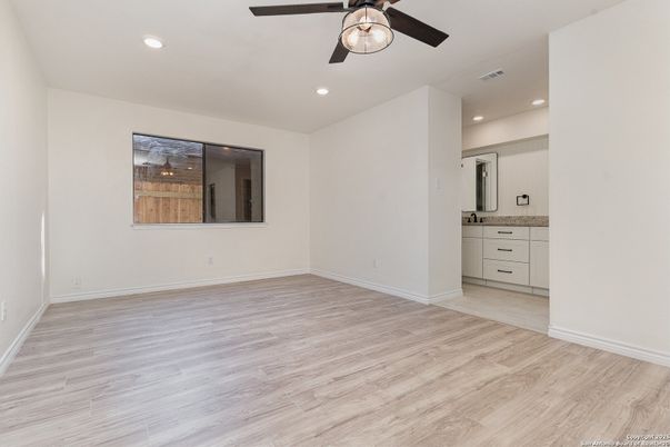 Bathroom, Empty room, Interior, Recessed Lighting, Wood Texture Flooring