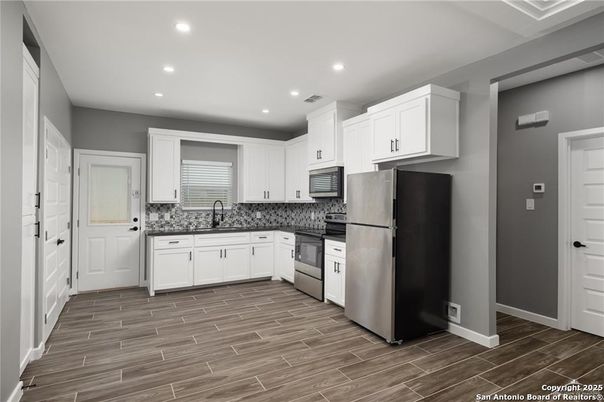 Interior, Kitchen, Recessed Lighting, Wood Texture Flooring
