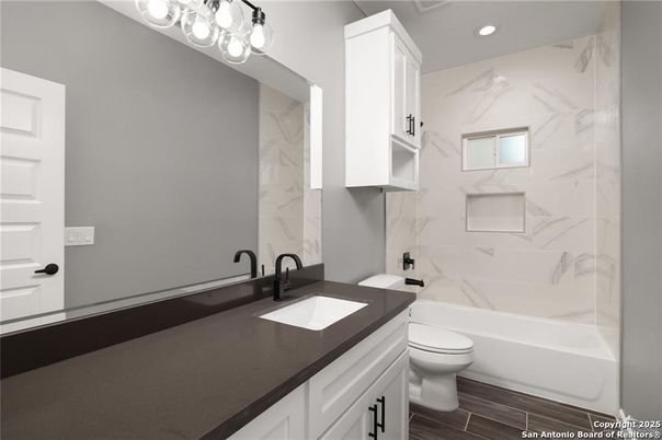 Bathroom, Interior, Marble Walls, Recessed Lighting, Wood Texture Flooring