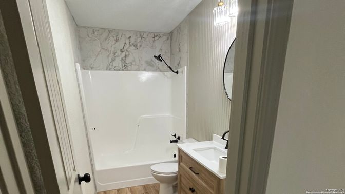 Bathroom, Interior, Marble Walls, Wood Texture Flooring